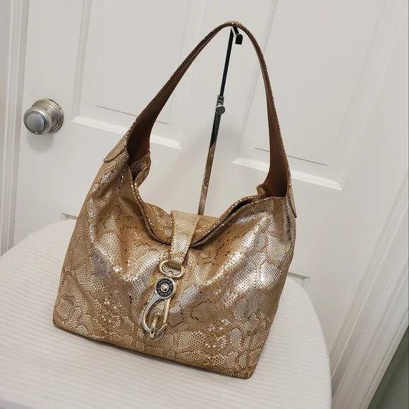 Dooney & Bourke Gold/Silvertone Snakeprint Leather Hobo Bag - Picture 1 of 14